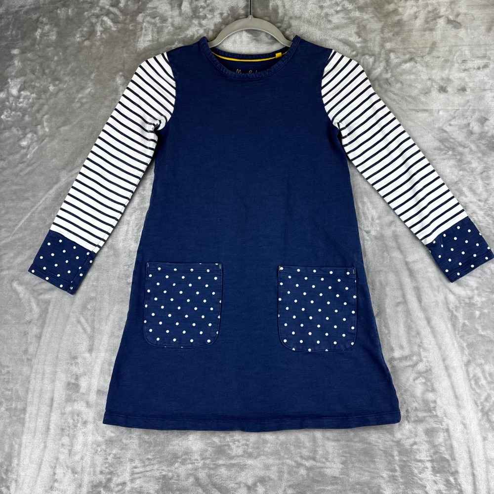 Mini Boden Dress Girls 9-10Y Blue Striped Polka Dot Long Sleeve Pockets (1495)